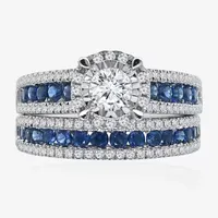 Womens 1 CT. T.W. Genuine Blue Sapphire 14K White Gold Round Side Stone Halo Bridal Set