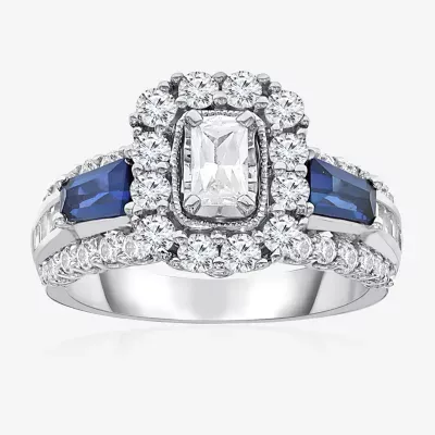 Womens 1 1/2 CT. T.W. Genuine Blue Sapphire 14K White Gold Side Stone Halo Engagement Ring