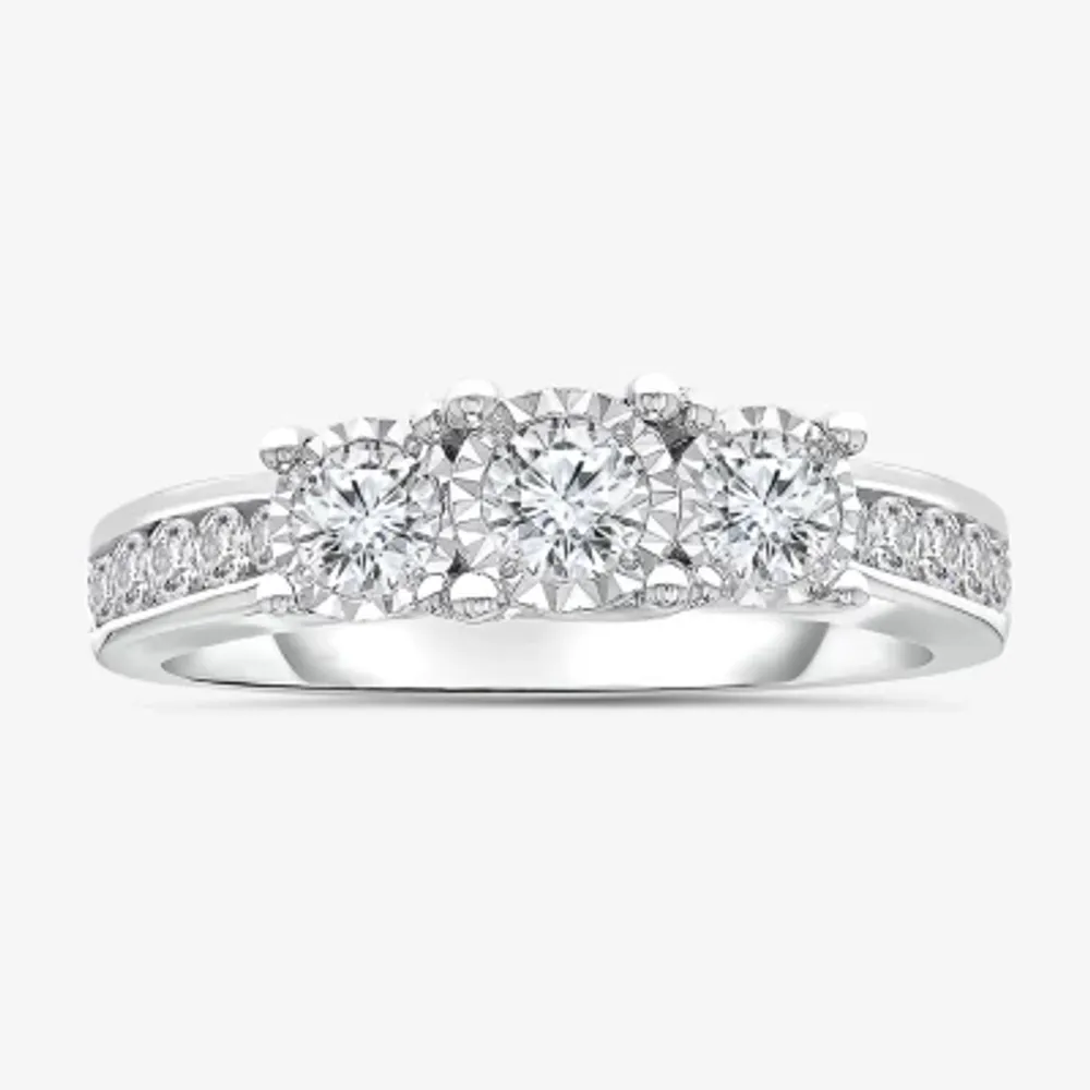 Womens 1 CT. T.W. Natural White Diamond 14K White Gold Round Side Stone 3-Stone Engagement Ring