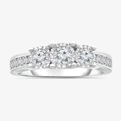 Womens 1 CT. T.W. Natural White Diamond 14K White Gold Round Side Stone 3-Stone Engagement Ring