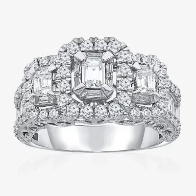 Womens 2 CT. T.W. Natural White Diamond 14K White Gold Side Stone 3-Stone Engagement Ring