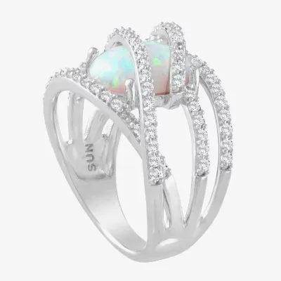 Womens Lab-Created Opal & White Sapphire Sterling Silver Cocktail Ring