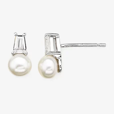 Sterling Silver Cultured Freshwater Pearl & Lab-Created White Sapphire Earrings