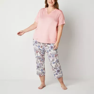 Liz Claiborne Cool and Calm Womens Plus 2-pc. V-Neck Short Sleeve Capri Pajama Set