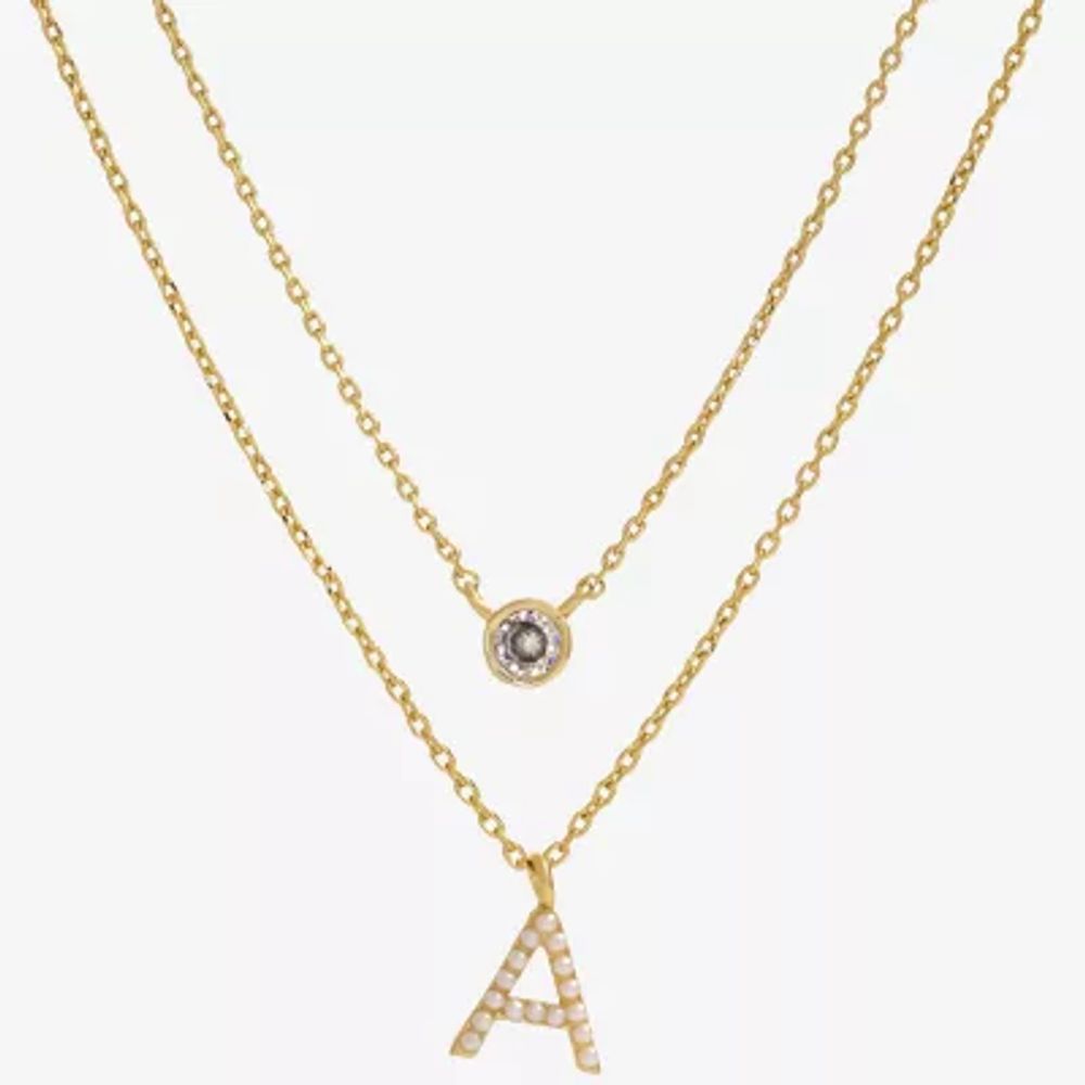 Sparkle Allure Initial Simulated Pearl 14K Gold Over Brass 16 Inch Link Strand Necklace