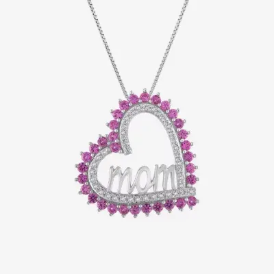 Mom" Womens Lab Created Pink Sapphire Sterling Silver Heart Pendant Necklace