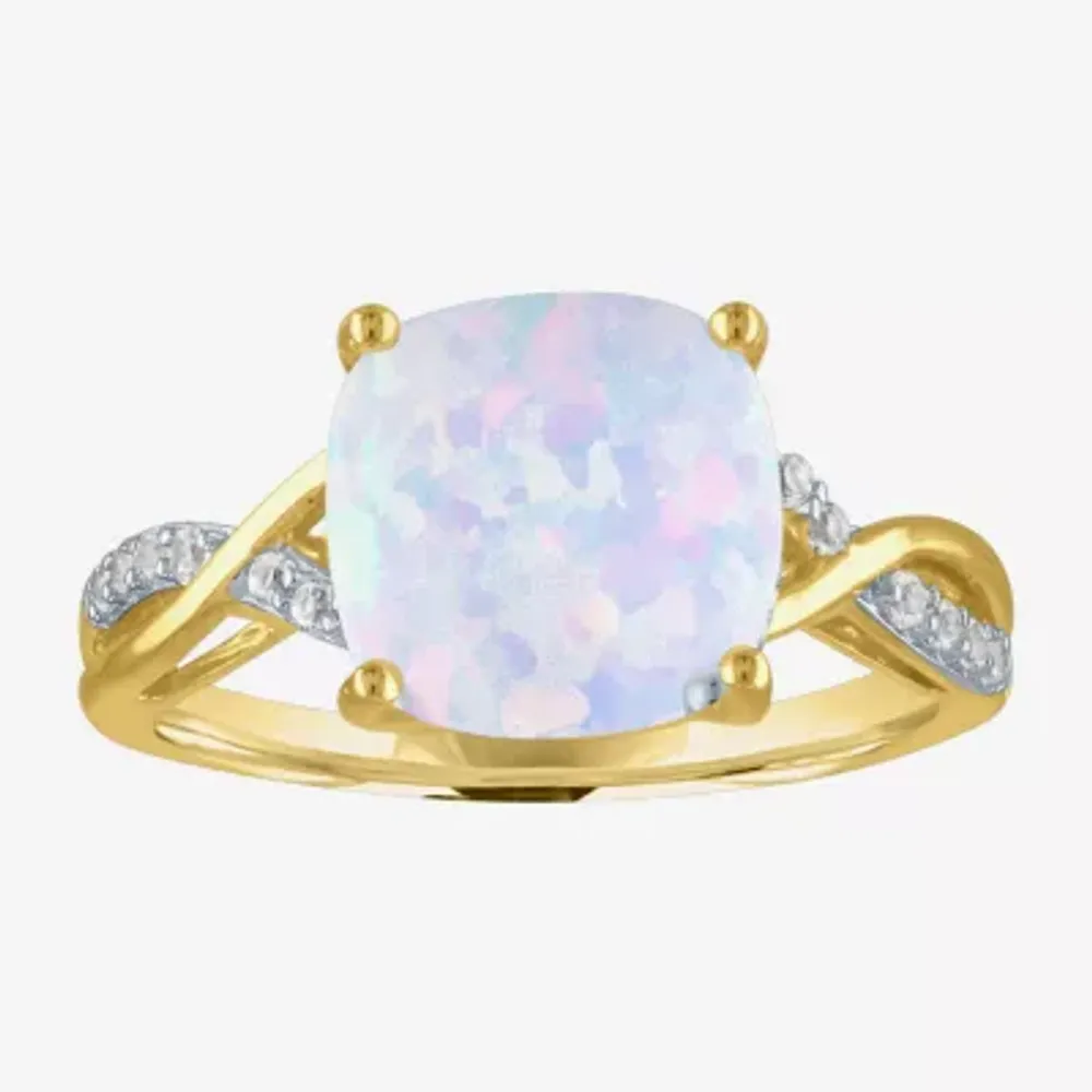 Womens Lab Created White Opal 10K Gold Cocktail Ring