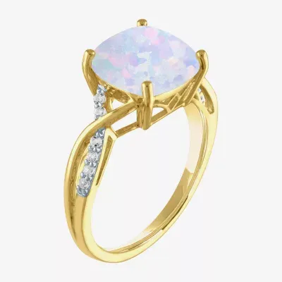 Womens Lab Created White Opal 10K Gold Cocktail Ring
