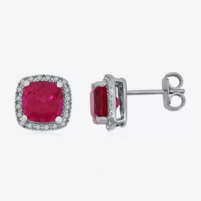 Lab-Created Ruby & Lab-Created White Sapphire Sterling Silver Halo Stud Earrings