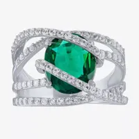 Lab-Created Emerald & White Sapphire Sterling Silver Cocktail Ring