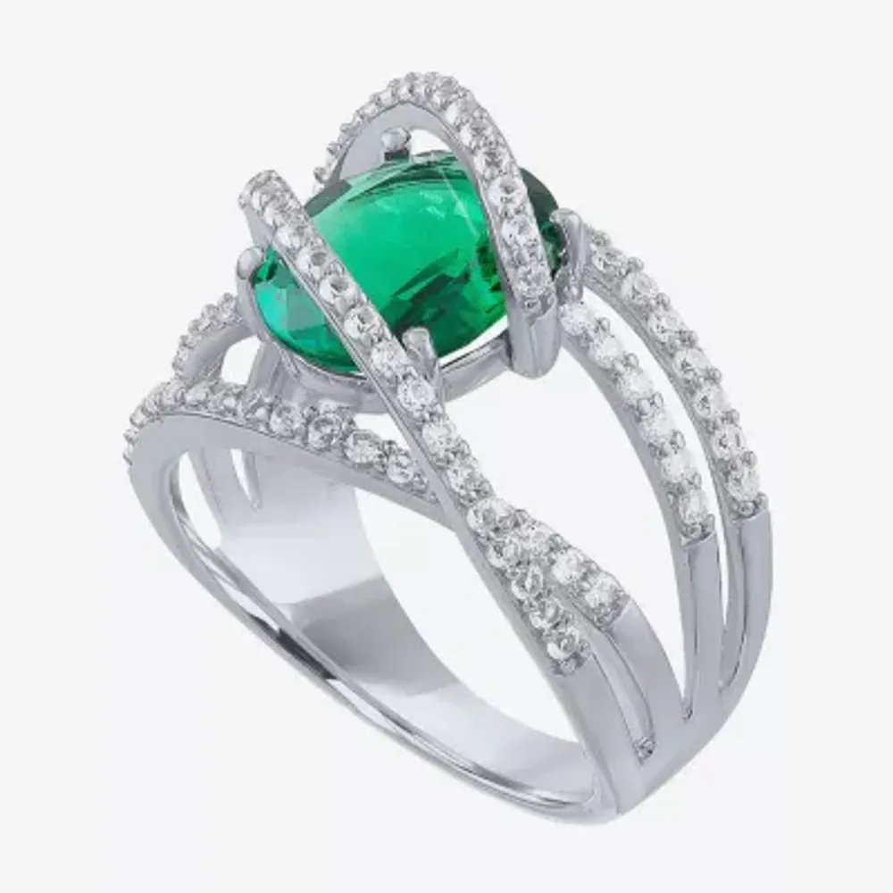 Lab-Created Emerald & White Sapphire Sterling Silver Cocktail Ring