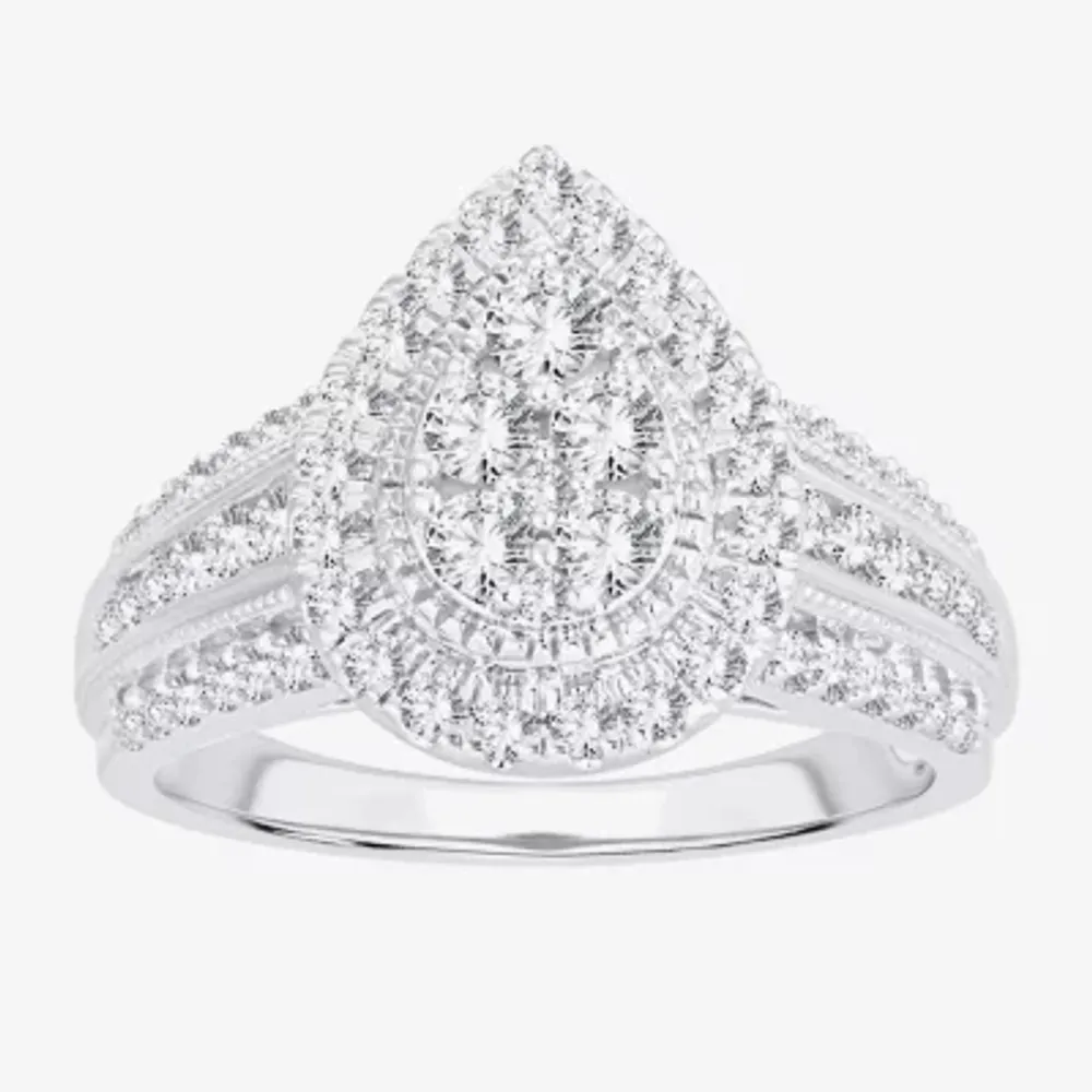 Womens 1 CT.T.W. Natural Diamond 10K or 14K White Gold Pear Side Stone Halo Engagement Ring