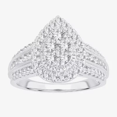 Womens 1 CT.T.W. Natural Diamond 10K or 14K White Gold Pear Side Stone Halo Engagement Ring