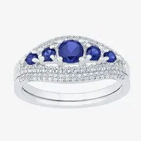 Modern Bride Gemstone Lab Created Sapphire & 1/4 CT. T.W. Diamond Sterling Silver Bridal Set