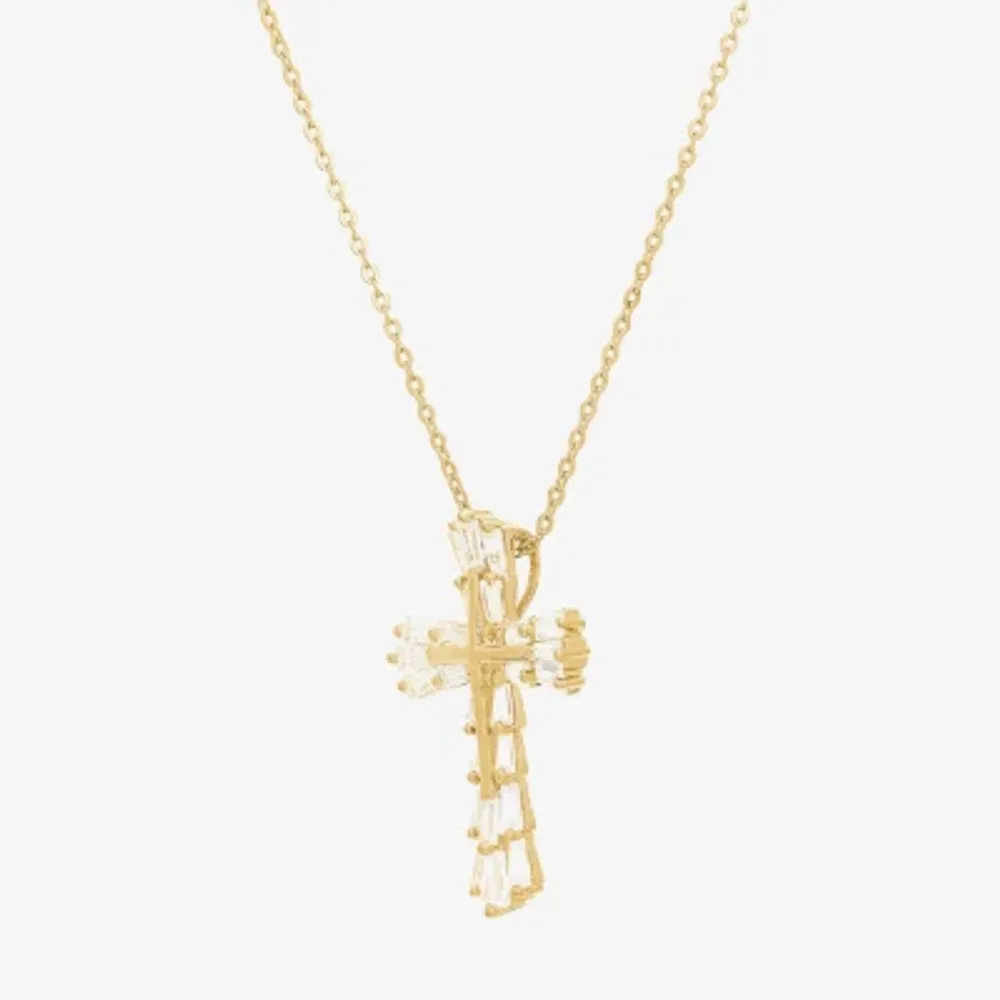 DiamonArt® Womens White Cubic Zirconia 14K Gold Over Silver Cross Pendant Necklace