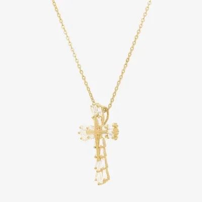 DiamonArt® Womens White Cubic Zirconia 14K Gold Over Silver Cross Pendant Necklace