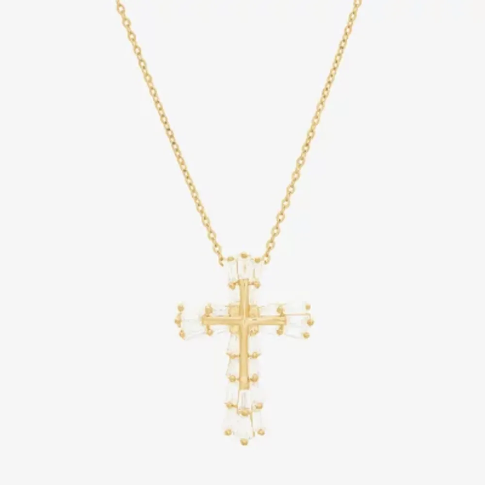DiamonArt® Womens White Cubic Zirconia 14K Gold Over Silver Cross Pendant Necklace