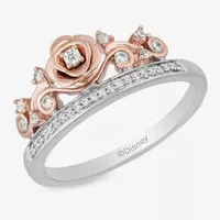 Enchanted Disney Fine Jewelry Womens 1/6 CT. T.W. Natural White Diamond Sterling Silver Flower Beauty and the Beast Belle Princess Cocktail Ring