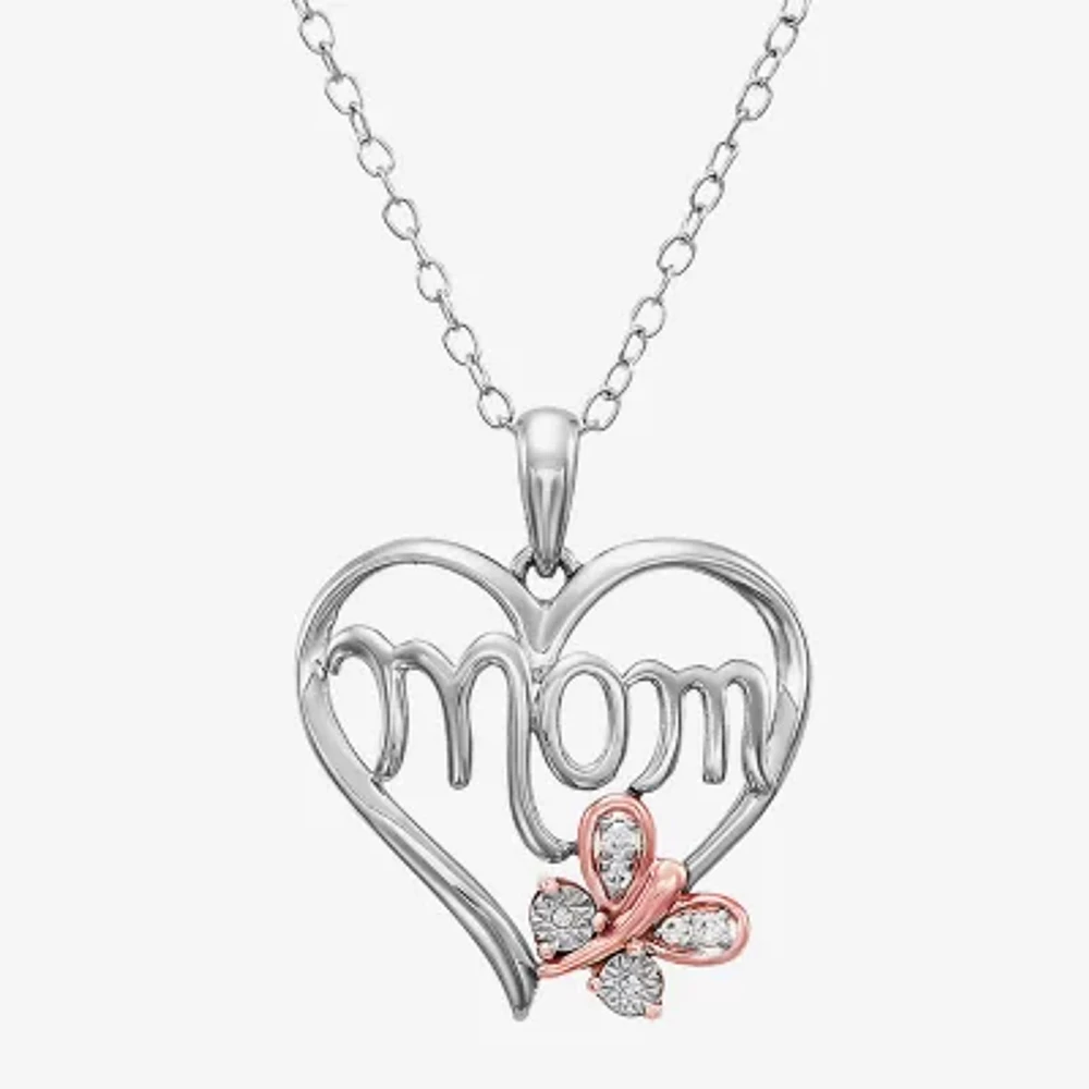 "Mom" Womens Diamond Accent Natural White Diamond 14K Rose Gold Over Silver Sterling Silver Heart Pendant Necklace