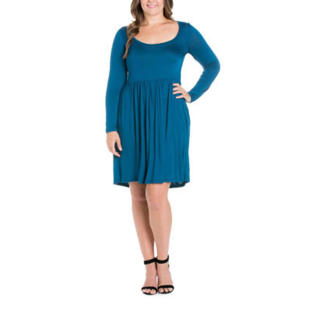 24seven Comfort Apparel Plus Long Sleeve Fit + Flare Dress