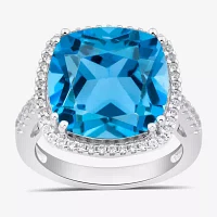 Womens Genuine Blue Topaz Sterling Silver Cushion Cocktail Ring