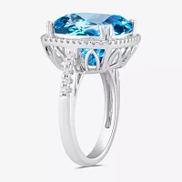 Womens Genuine Blue Topaz Sterling Silver Cushion Cocktail Ring