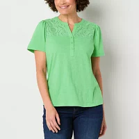 Liz Claiborne Womens Split Crew Neck Short Sleeve Blouse