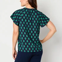 Liz Claiborne Womens Split Crew Neck Short Sleeve Blouse