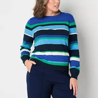 Liz Claiborne Womens Crew Neck Long Sleeve Striped Pullover Sweater