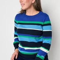 Liz Claiborne Womens Crew Neck Long Sleeve Striped Pullover Sweater