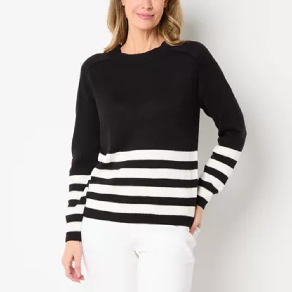 Liz Claiborne Womens Crew Neck Long Sleeve Striped Pullover Sweater