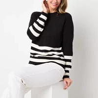 Liz Claiborne Womens Crew Neck Long Sleeve Striped Pullover Sweater