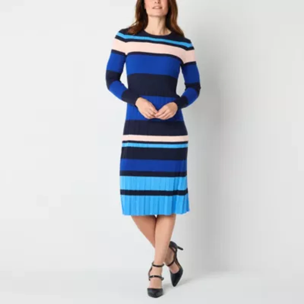 Liz Claiborne Womens Long Sleeve Striped Midi Sweater Dress