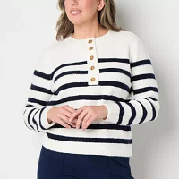 Liz Claiborne Womens Crew Neck Long Sleeve Striped Pullover Sweater