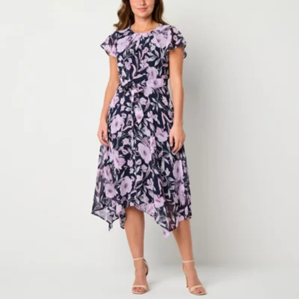 R & K Originals Womens Short Sleeve Floral Midi Fit + Flare Dress