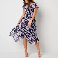 R & K Originals Womens Short Sleeve Floral Midi Fit + Flare Dress