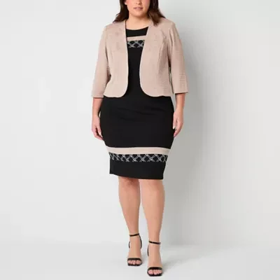 Maya Brooke Womens Embellished Grid Jacket Dress Plus