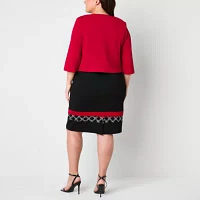 Maya Brooke Womens Embellished Grid Jacket Dress Plus