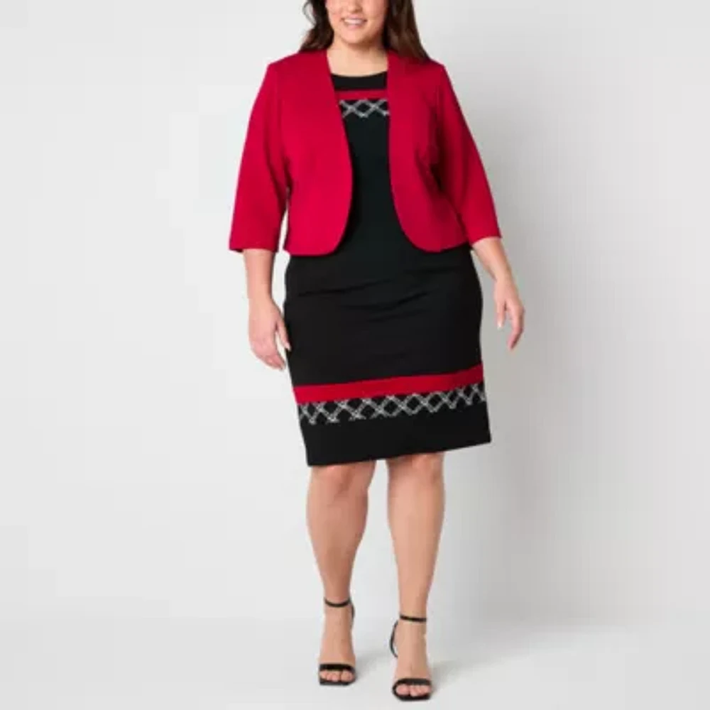 Maya Brooke Womens Embellished Grid Jacket Dress Plus