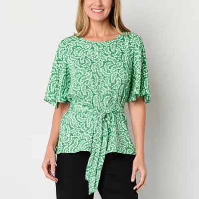 Liz Claiborne Womens Keyhole Neck Elbow Sleeve Satin Blouse