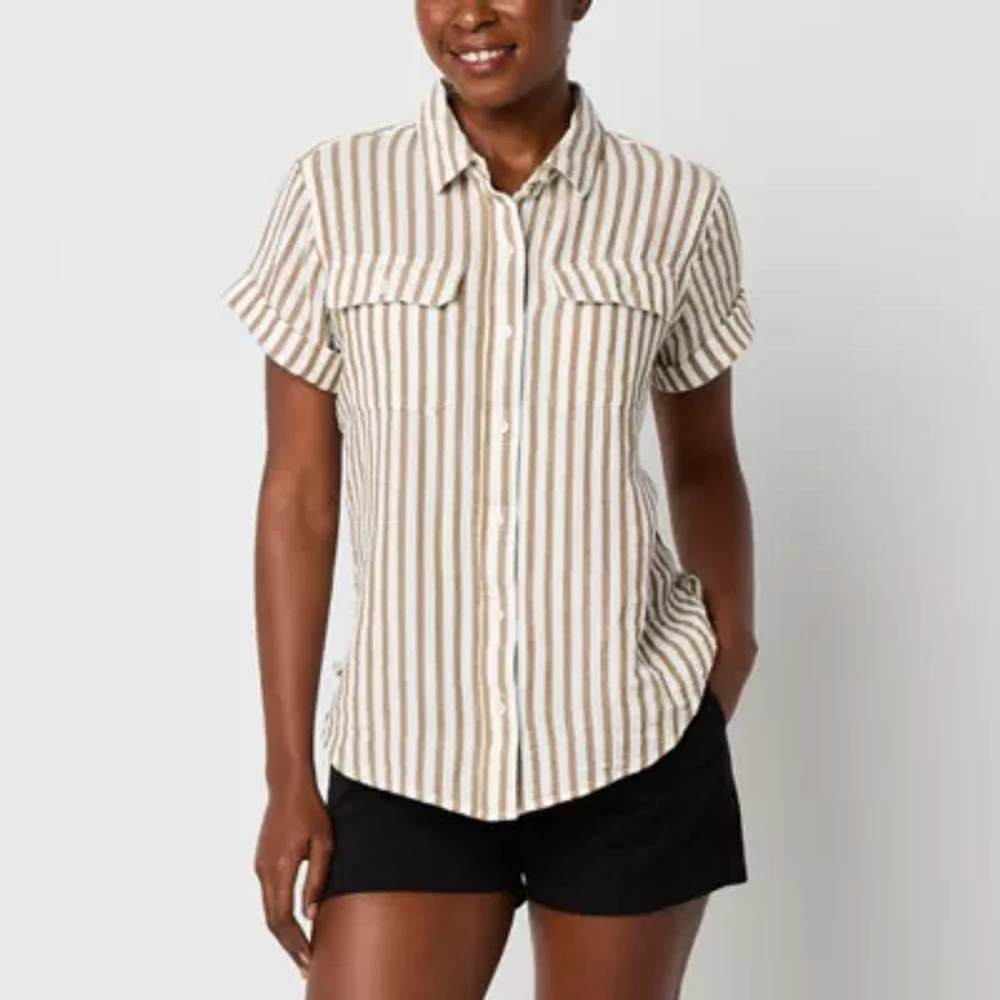 a.n.a Womens Short Sleeve Adaptive Regular Fit Easy-on + Easy-off Button-Down Shirt