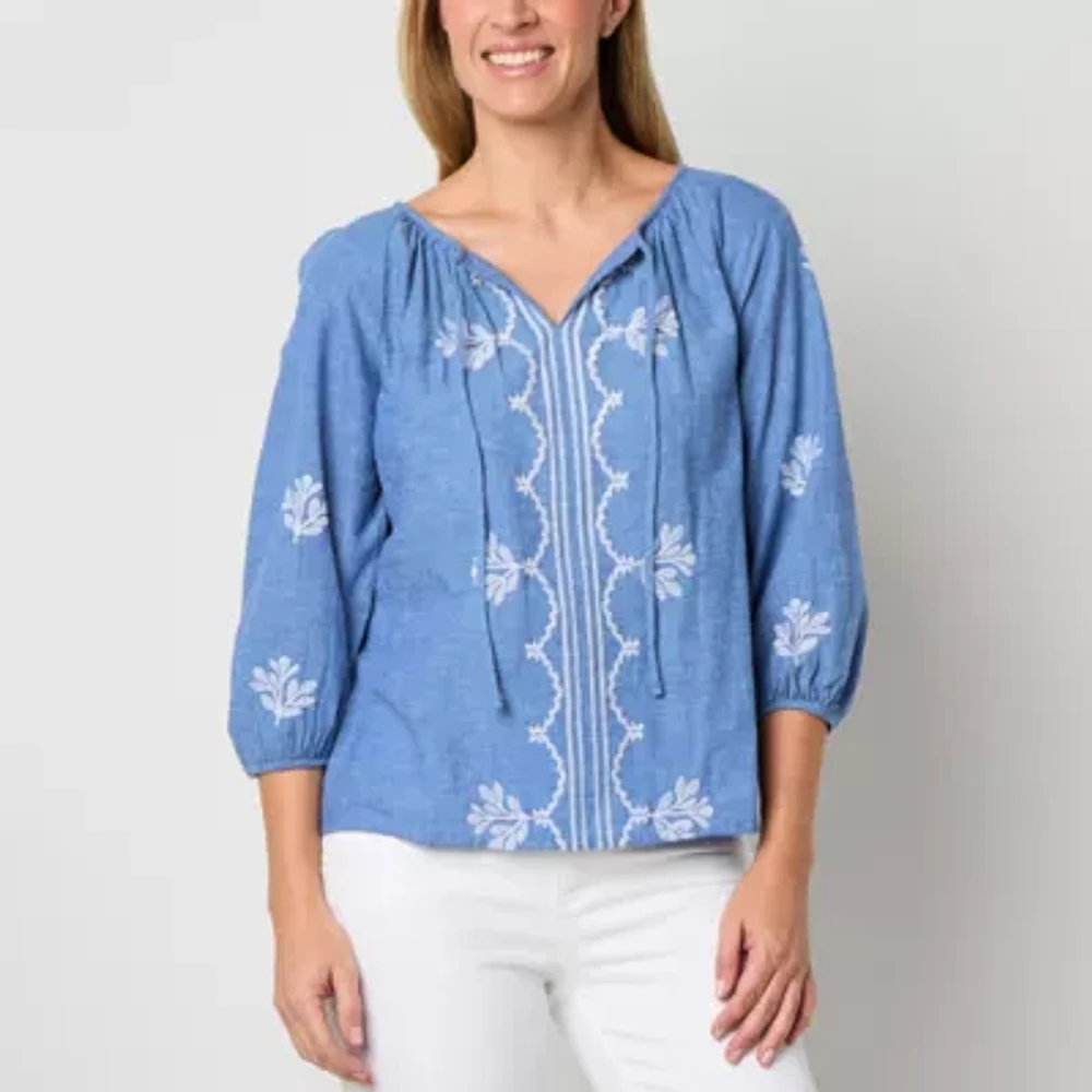 St. John's Bay Womens Split Tie Neck 3/4 Sleeve Blouse