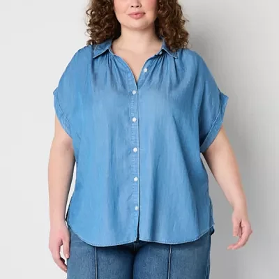 a.n.a Plus Pleated Womens Short Sleeve Regular Fit Button-Down Shirt