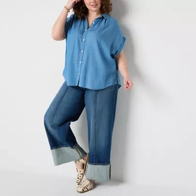 a.n.a Plus Soft Drape Womens Short Sleeve Blouse