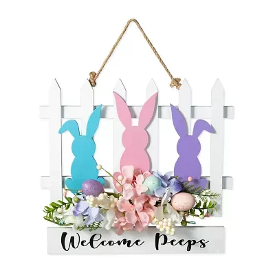 Glitzhome Easter Wooden Bunny Fence Door Hanger Wall Sign