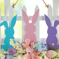 Glitzhome Easter Wooden Bunny Fence Door Hanger Wall Sign