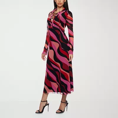 Premier Amour Womens Long Sleeve Abstract Midi Sheath Dress