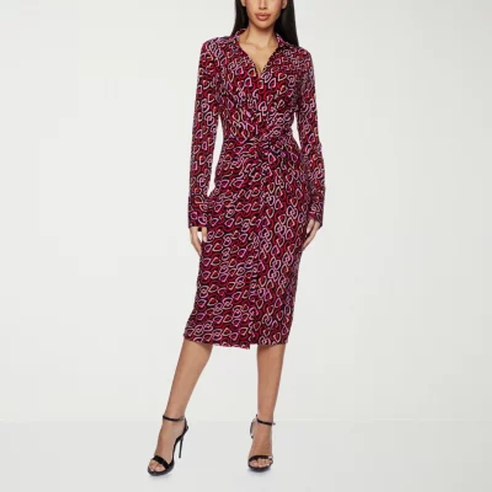 Premier Amour Womens Long Sleeve Abstract Midi Sheath Dress