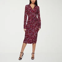 Premier Amour Womens Long Sleeve Abstract Midi Sheath Dress