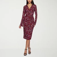 Premier Amour Womens Long Sleeve Abstract Midi Sheath Dress